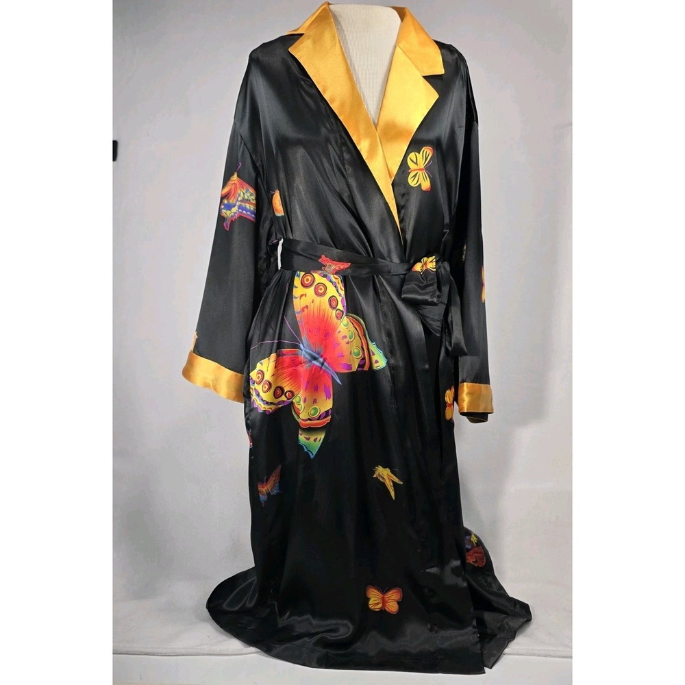 Vintage Butterfly Satin Kimono Classic Gown Robe Yellow/Black South Korea NWT!